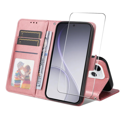 ENKAY HAT PRINCE For Oppo Reno15 5G (Global) PU Leather Wallet Case   Phone Stand Cover with 9H Tempered Glass - Pink - 1