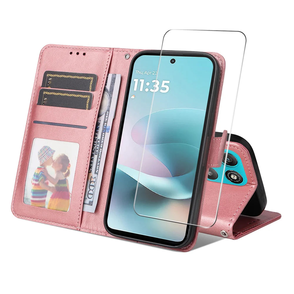 ENKAY HAT PRINCE For Motorola Moto G67 Power 5G PU Leather Wallet Case   Phone Stand Cover with 9H Tempered Glass - Pink - 1