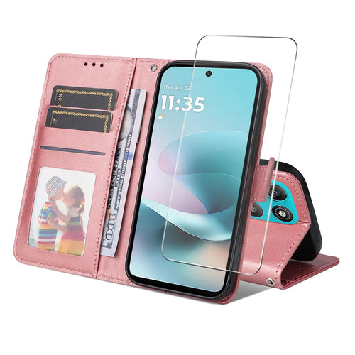 ENKAY HAT PRINCE For Motorola Moto G67 Power 5G PU Leather Wallet Case   Phone Stand Cover with 9H Tempered Glass - Pink - 1