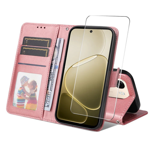 ENKAY HAT PRINCE For Oppo A6 Pro 4G / A6 Pro 5G / A6 5G (Global) PU Leather Wallet Case Phone Stand Cover with 9H Tempered Glass - Pink - 1