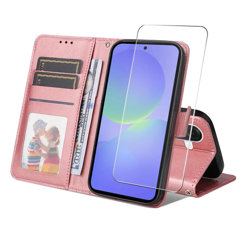 ENKAY HAT PRINCE For Samsung Galaxy A57 5G PU Leather Wallet Case   Phone Stand Cover with 9H Tempered Glass - Pink - 1