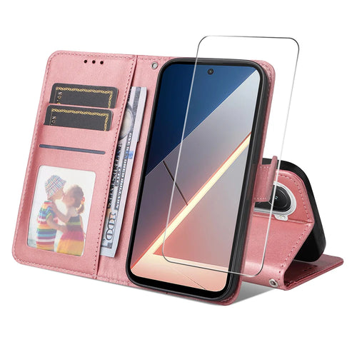 ENKAY HAT PRINCE For Xiaomi Poco M7 4G (EU) (171mm) PU Leather Wallet Case   Phone Stand Cover with 9H Tempered Glass - Pink - 1