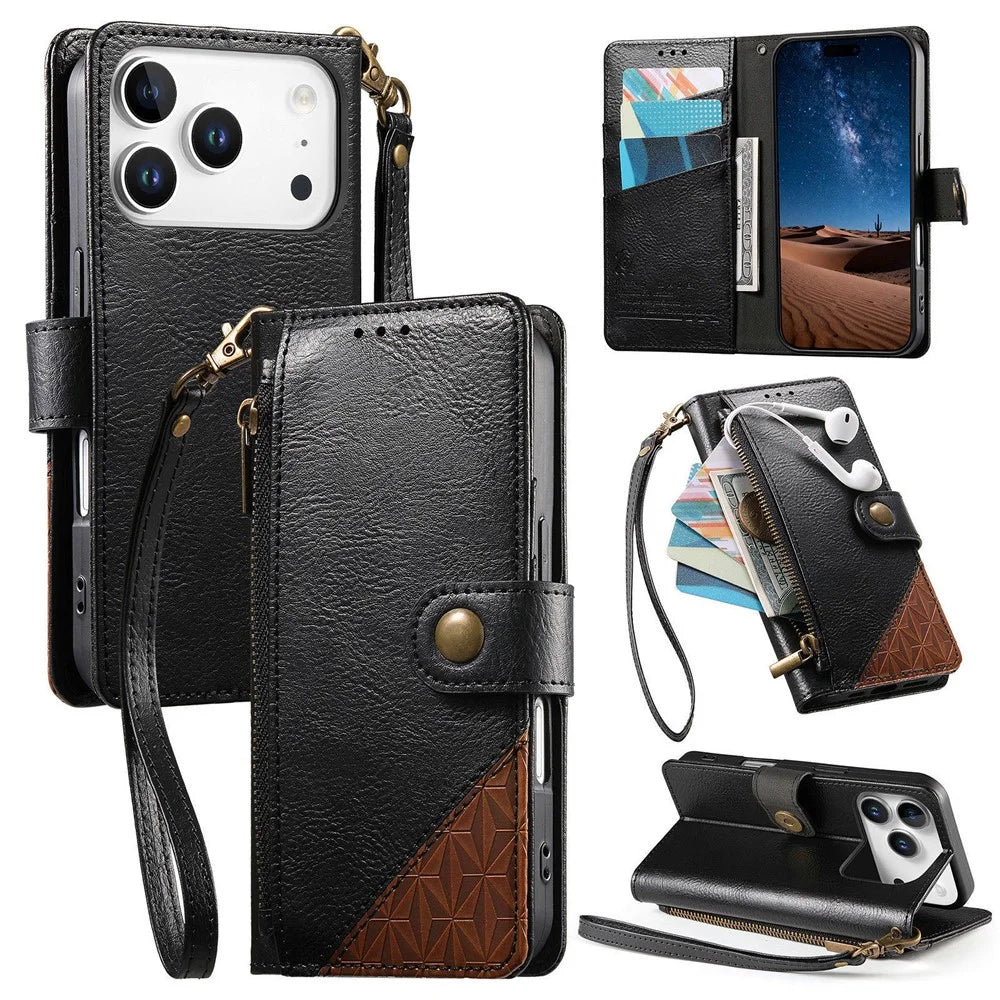 For iPhone 18 Pro Max / 17 Pro Max Case Color Splicing TPU PU Leather Flip Shockproof Phone Cover with Wrist Strap - Black - 1