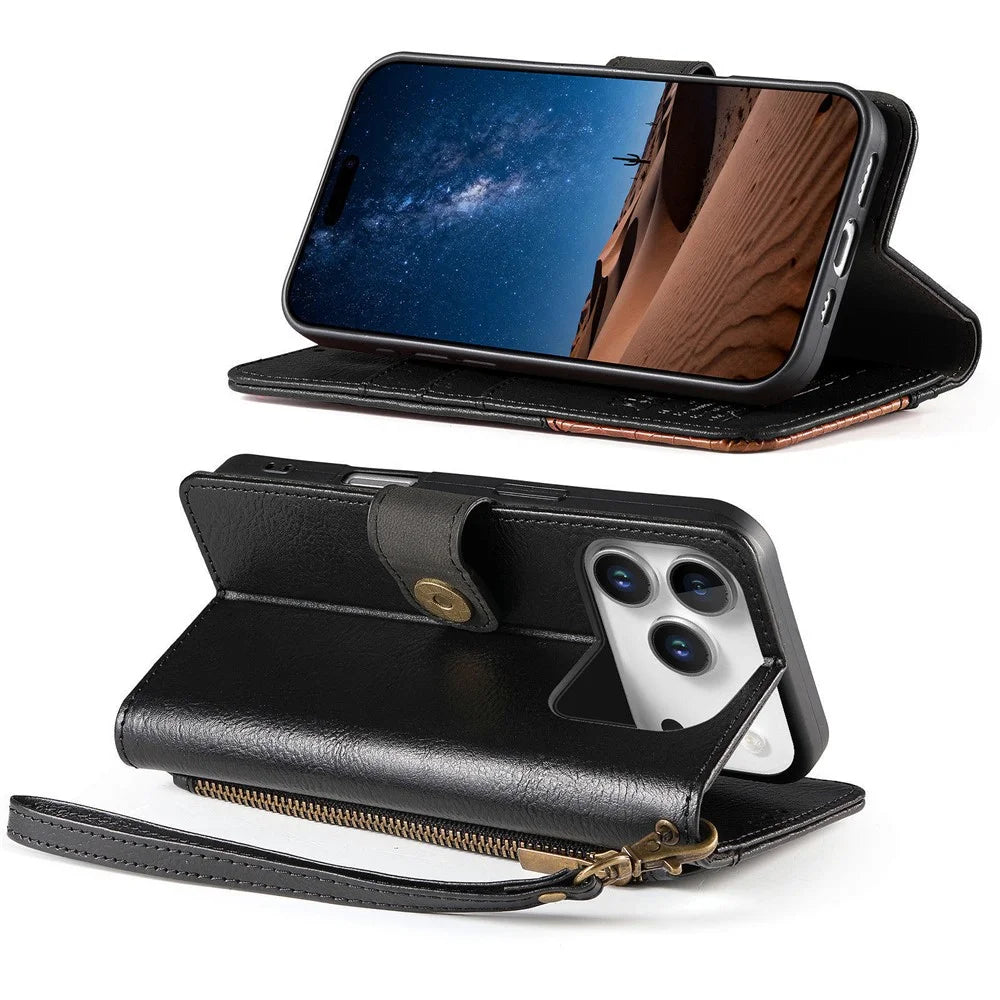 For iPhone 18 Pro Max / 17 Pro Max Case Color Splicing TPU PU Leather Flip Shockproof Phone Cover with Wrist Strap - Black - 3