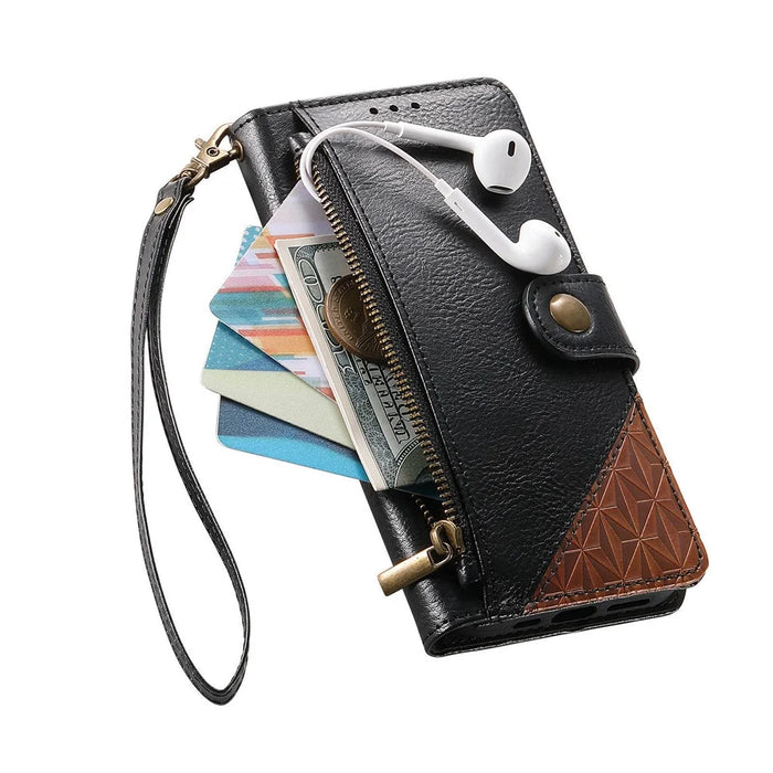 For iPhone 18 Pro Max / 17 Pro Max Case Color Splicing TPU PU Leather Flip Shockproof Phone Cover with Wrist Strap - Black - 4