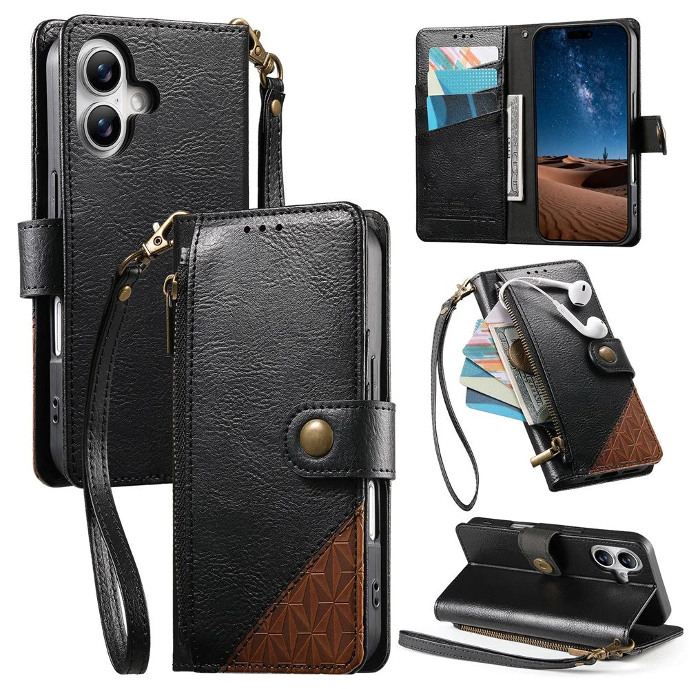 For iPhone 16 Case Color Splicing TPU PU Leather Flip Shockproof Phone Cover with Wrist Strap - Black - 1