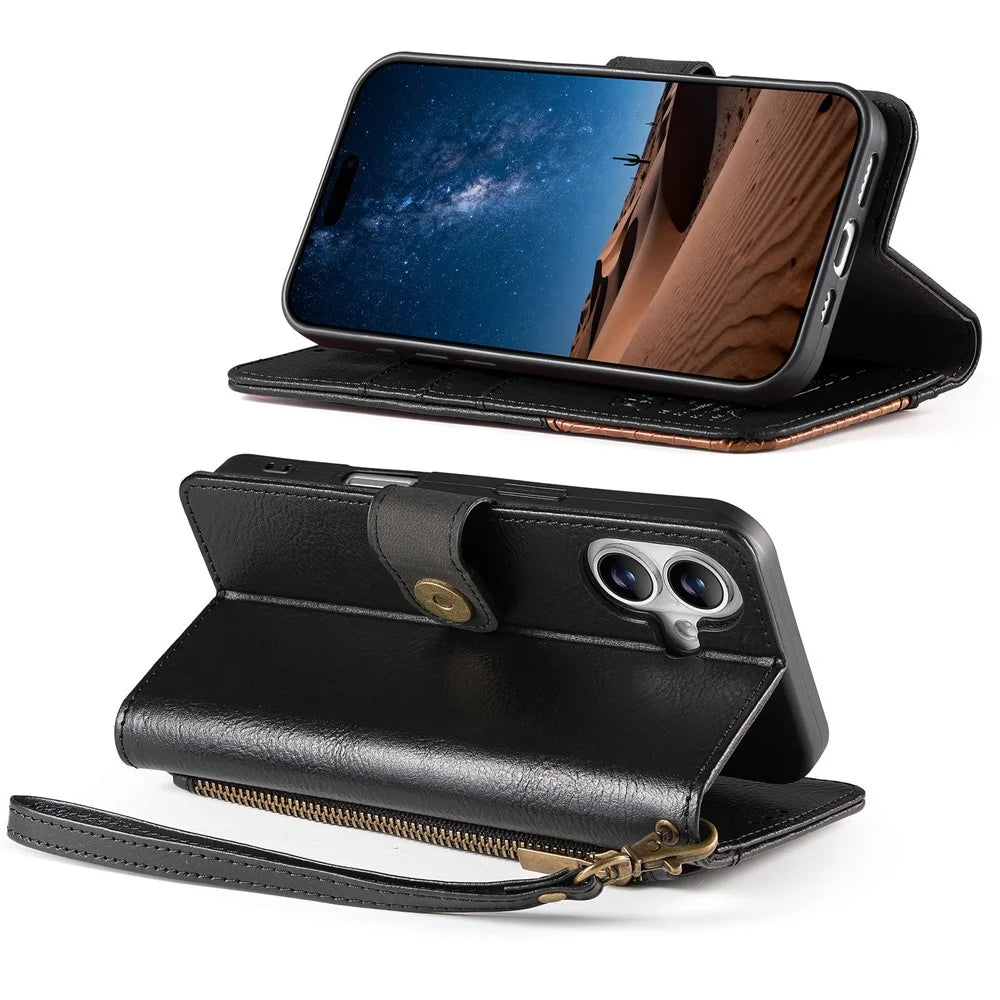 For iPhone 16 Case Color Splicing TPU PU Leather Flip Shockproof Phone Cover with Wrist Strap - Black - 3