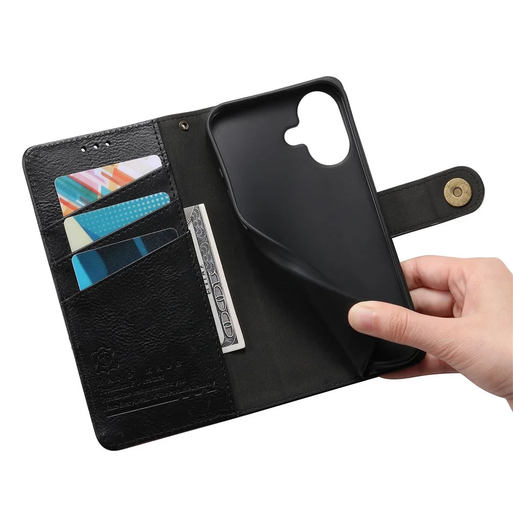 For iPhone 16 Case Color Splicing TPU PU Leather Flip Shockproof Phone Cover with Wrist Strap - Black - 5