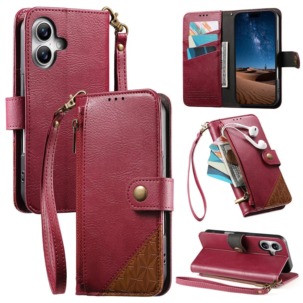 For iPhone 17 Case Color Splicing TPU PU Leather Flip Shockproof Phone Cover with Wrist Strap - Red - 1