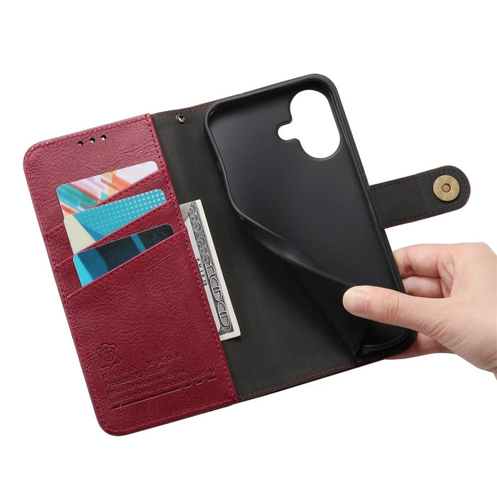For iPhone 17 Case Color Splicing TPU PU Leather Flip Shockproof Phone Cover with Wrist Strap - Red - 5