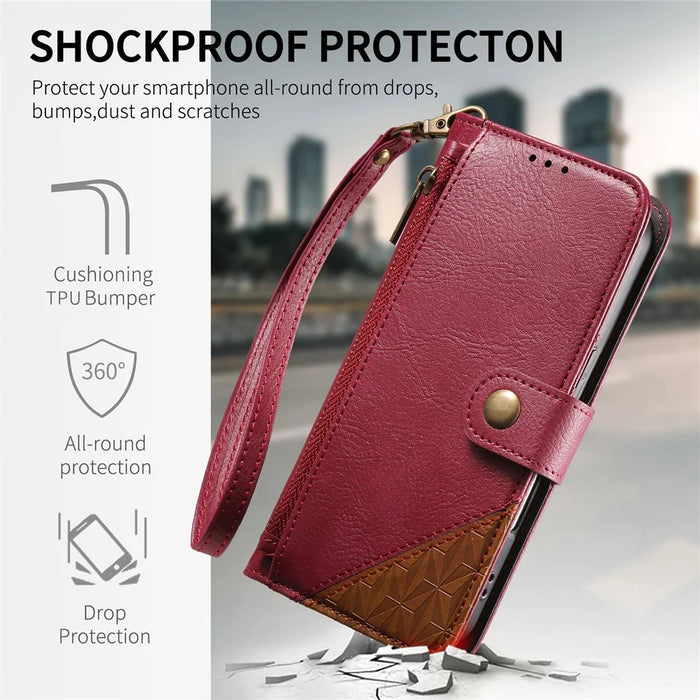 For iPhone 17 Case Color Splicing TPU PU Leather Flip Shockproof Phone Cover with Wrist Strap - Red - 6