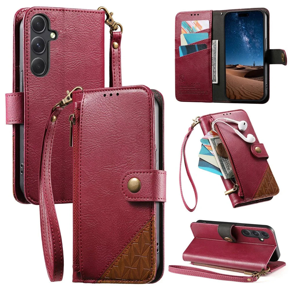 For Samsung Galaxy S26+ Case Color Splicing TPU PU Leather Flip Shockproof Phone Cover with Wrist Strap - Red - 1