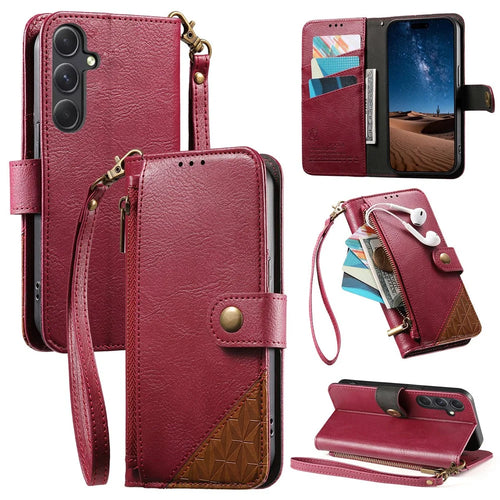 For Samsung Galaxy S26+ Case Color Splicing TPU PU Leather Flip Shockproof Phone Cover with Wrist Strap - Red - 1