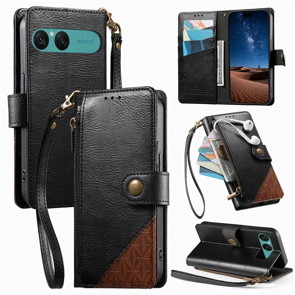 For Sony Xperia 10 VII Case Color Splicing TPU PU Leather Flip Shockproof Phone Cover with Wrist Strap - Black - 1