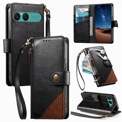 For Sony Xperia 10 VII Case Color Splicing TPU PU Leather Flip Shockproof Phone Cover with Wrist Strap - Black - 1