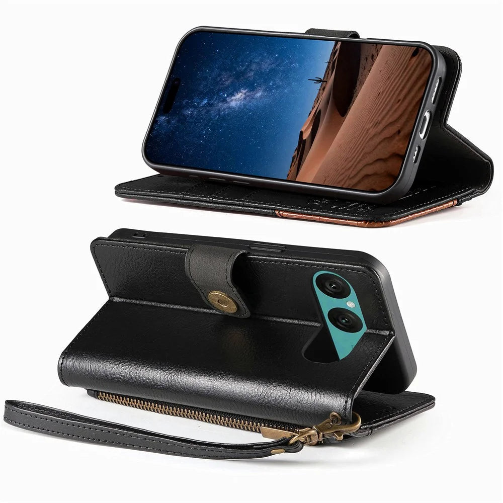 For Sony Xperia 10 VII Case Color Splicing TPU PU Leather Flip Shockproof Phone Cover with Wrist Strap - Black - 3