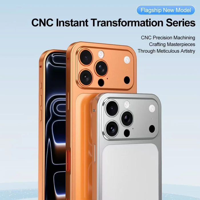 For iPhone 13 Pro Max Case Transform to 17 Pro Max Locking Buckle Metal Frame Alloy Back Phone Cover - Orange - 5