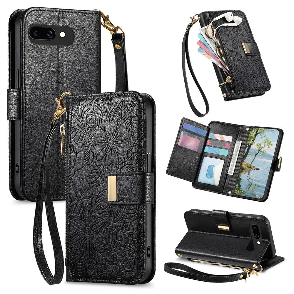 For Google Pixel 9a Case Floral Leaf Pattern Multi Card Slots Zipper Leather Phone Cover with Wrist Strap - Black - 1