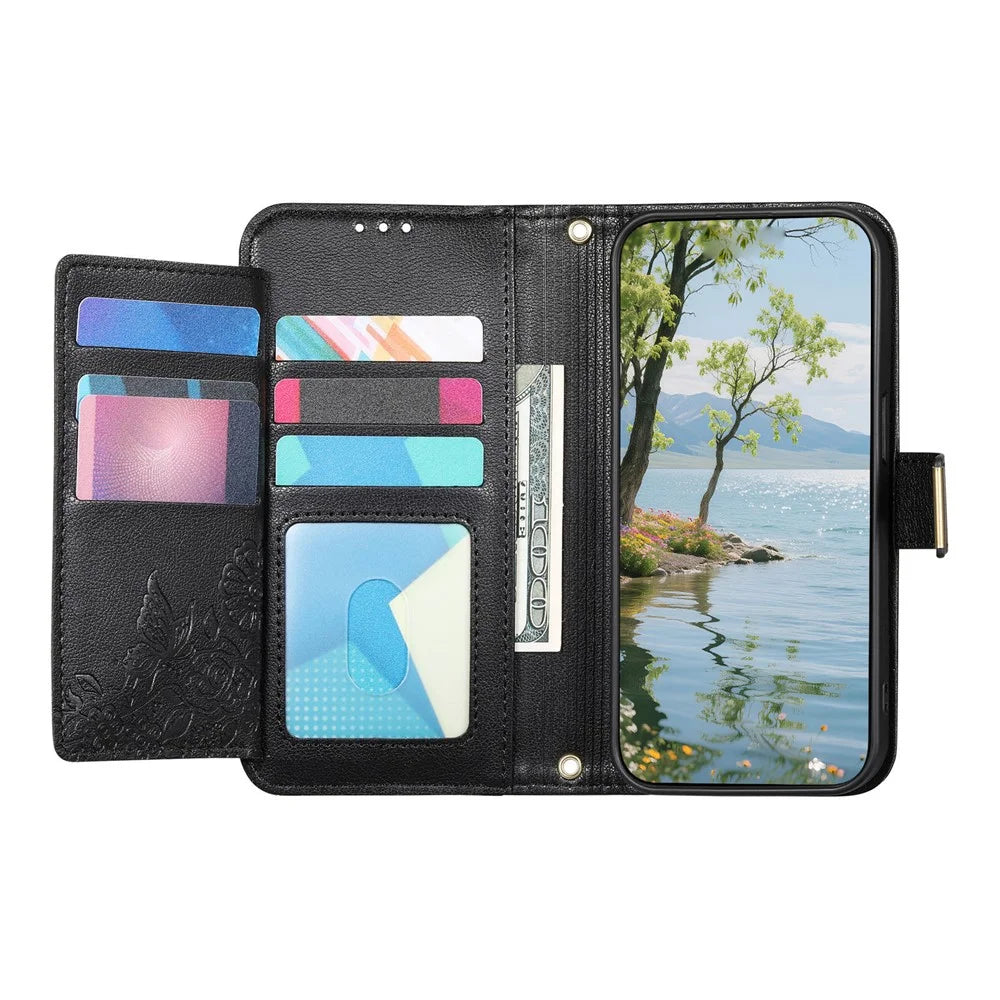 For Google Pixel 9a Case Floral Leaf Pattern Multi Card Slots Zipper Leather Phone Cover with Wrist Strap - Black - 2