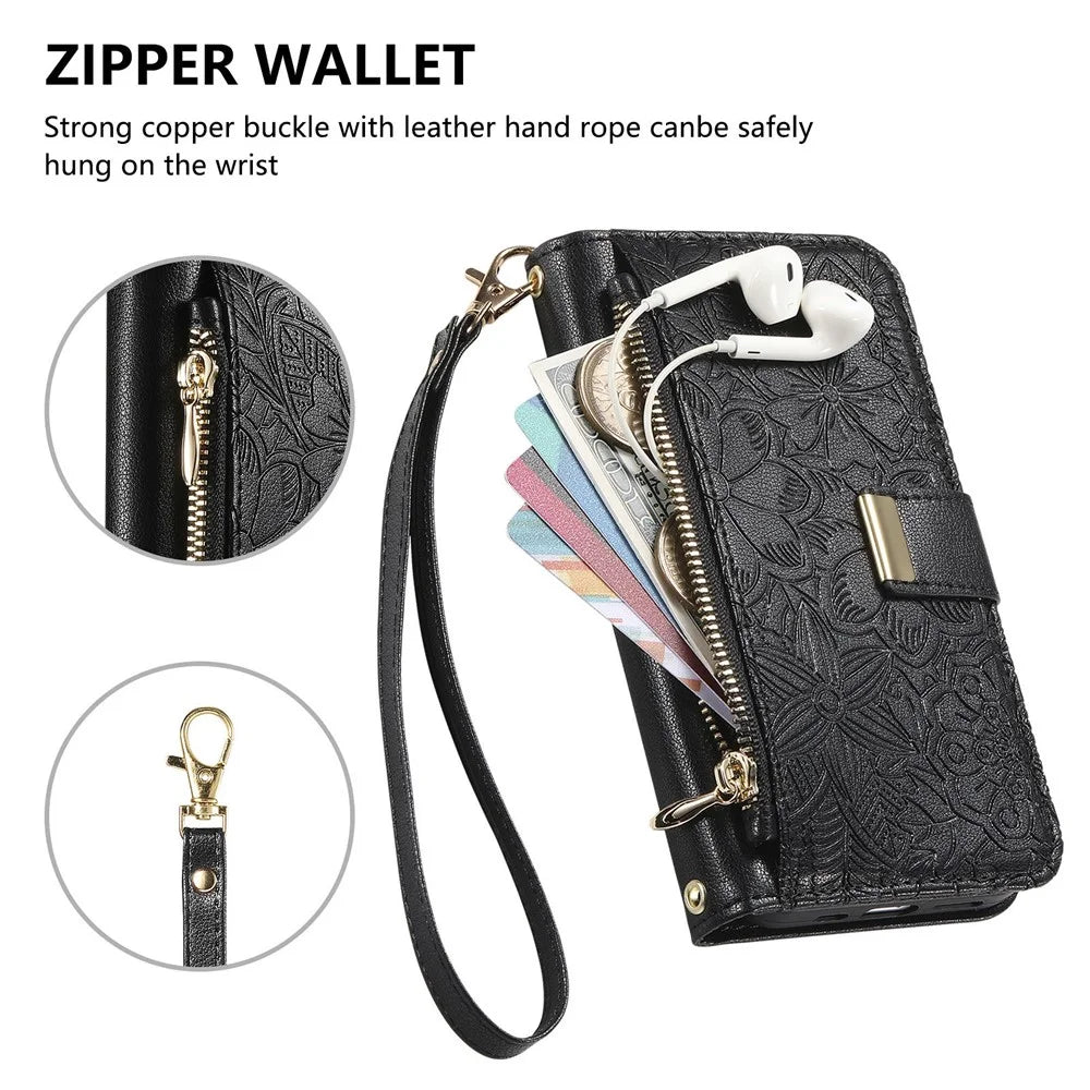For Google Pixel 9a Case Floral Leaf Pattern Multi Card Slots Zipper Leather Phone Cover with Wrist Strap - Black - 5