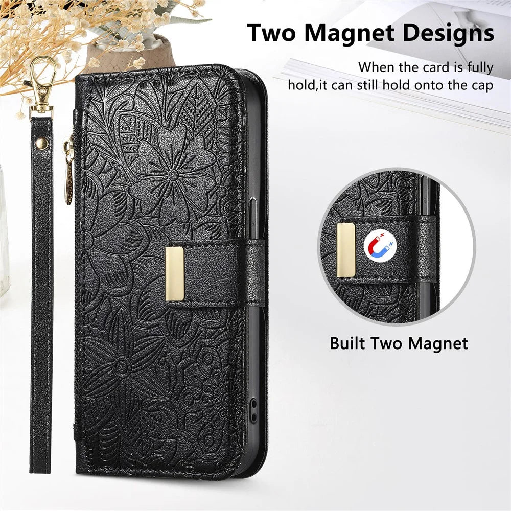 For Google Pixel 9a Case Floral Leaf Pattern Multi Card Slots Zipper Leather Phone Cover with Wrist Strap - Black - 6