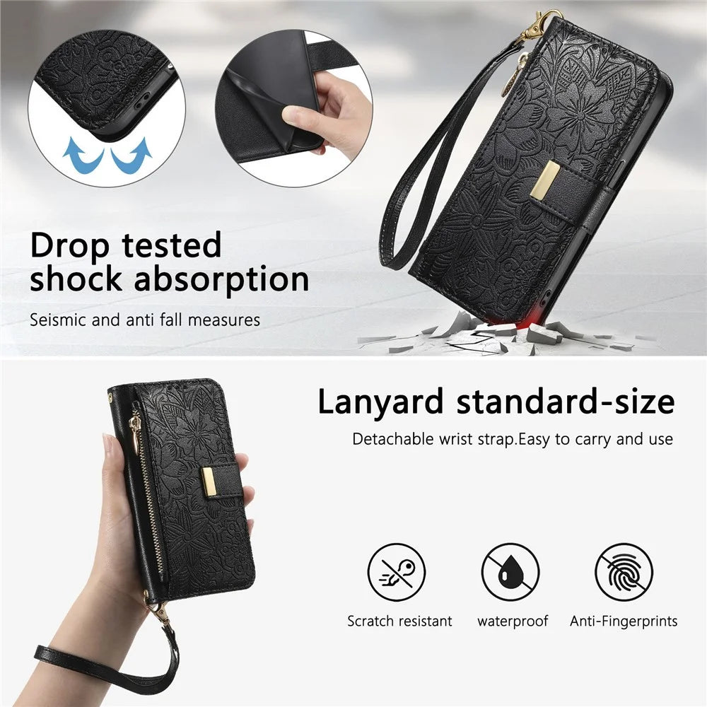 For Google Pixel 9a Case Floral Leaf Pattern Multi Card Slots Zipper Leather Phone Cover with Wrist Strap - Black - 7