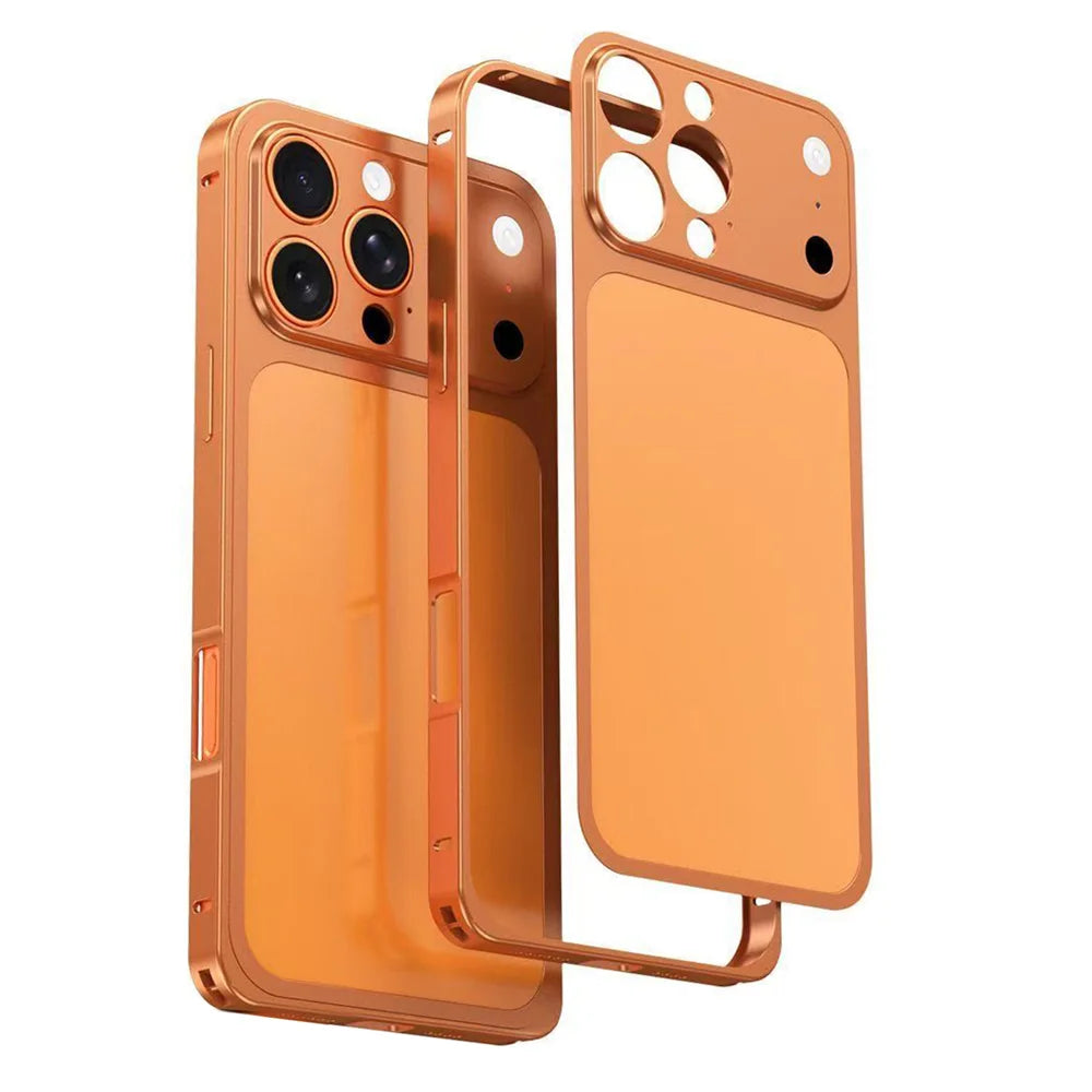 For iPhone 15 Pro Case Transform to 17 Pro Locking Buckle Metal Frame Alloy Back Phone Cover - Orange - 1