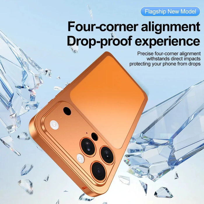 For iPhone 14 Pro Case Transform to 17 Pro Locking Buckle Metal Frame Alloy Back Phone Cover - Orange - 5