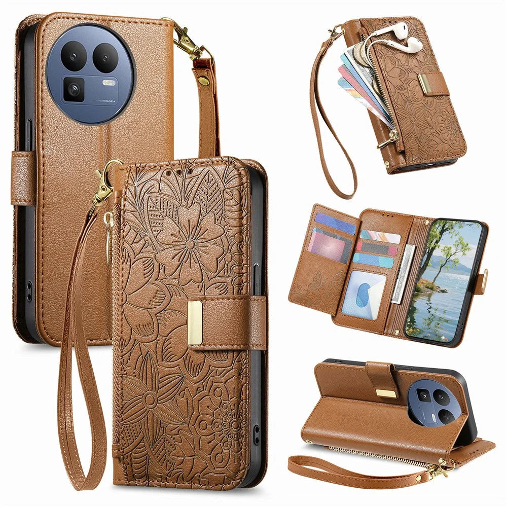 For Realme GT 8 5G Case Floral Leaf Pattern Multi Card Slots Zipper Leather Phone Cover with Wrist Strap - Brown - 1
