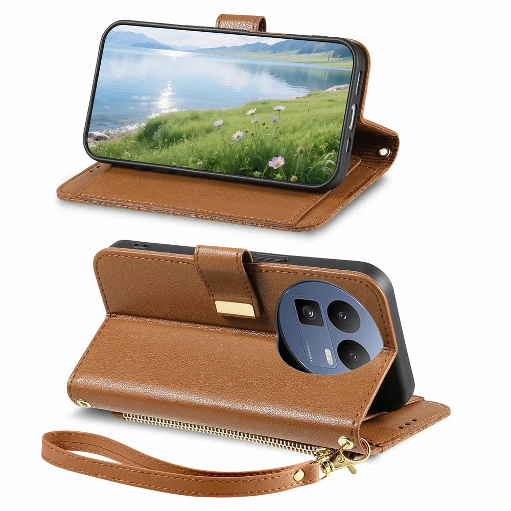 For Realme GT 8 5G Case Floral Leaf Pattern Multi Card Slots Zipper Leather Phone Cover with Wrist Strap - Brown - 2