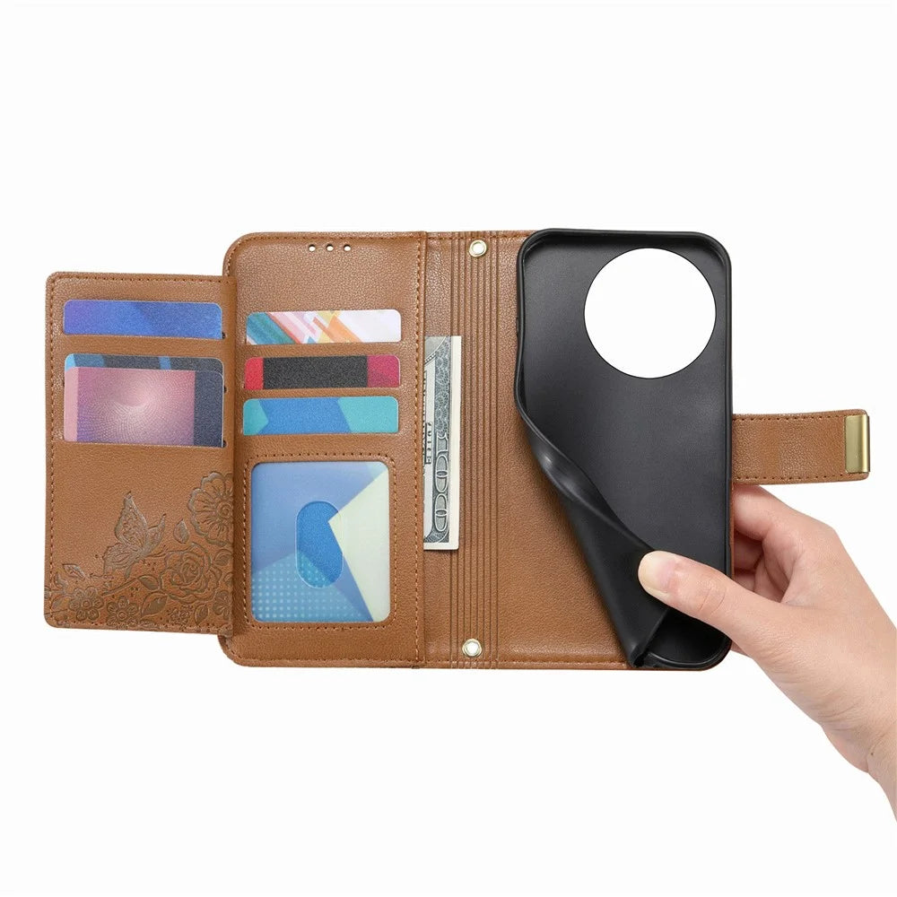 For Realme GT 8 5G Case Floral Leaf Pattern Multi Card Slots Zipper Leather Phone Cover with Wrist Strap - Brown - 3