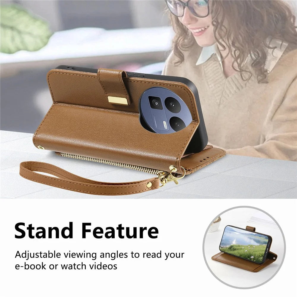 For Realme GT 8 5G Case Floral Leaf Pattern Multi Card Slots Zipper Leather Phone Cover with Wrist Strap - Brown - 4