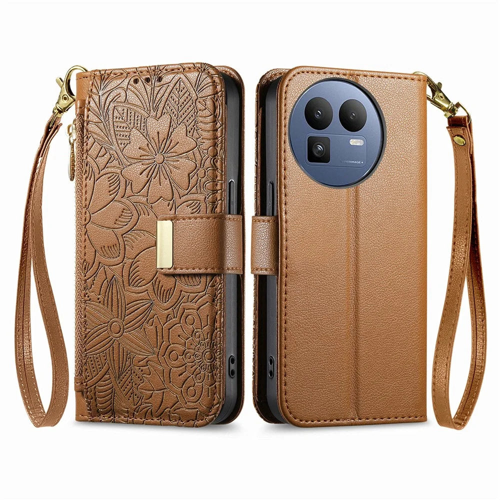 For Realme GT 8 5G Case Floral Leaf Pattern Multi Card Slots Zipper Leather Phone Cover with Wrist Strap - Brown - 5