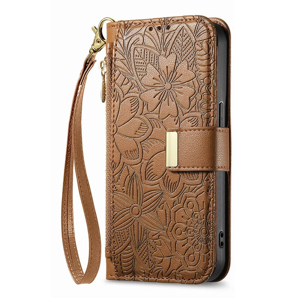 For Realme GT 8 5G Case Floral Leaf Pattern Multi Card Slots Zipper Leather Phone Cover with Wrist Strap - Brown - 6