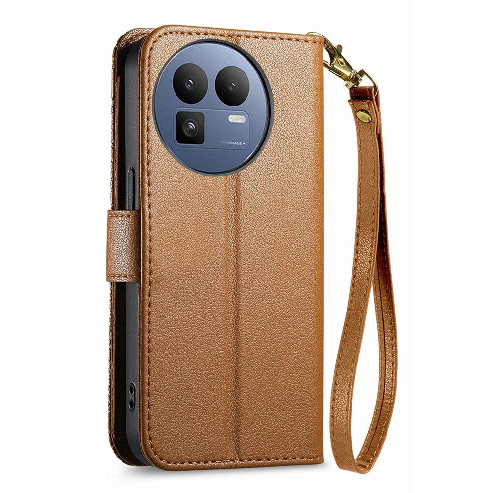 For Realme GT 8 5G Case Floral Leaf Pattern Multi Card Slots Zipper Leather Phone Cover with Wrist Strap - Brown - 7