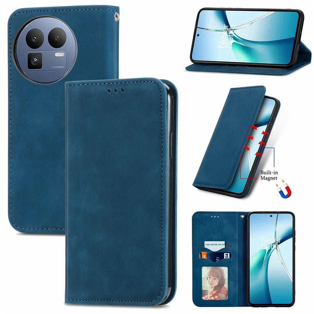 For Realme GT 8 5G Leather Case with Card Holder Magnetic Absorption Phone Cover - Dark Blue - 5