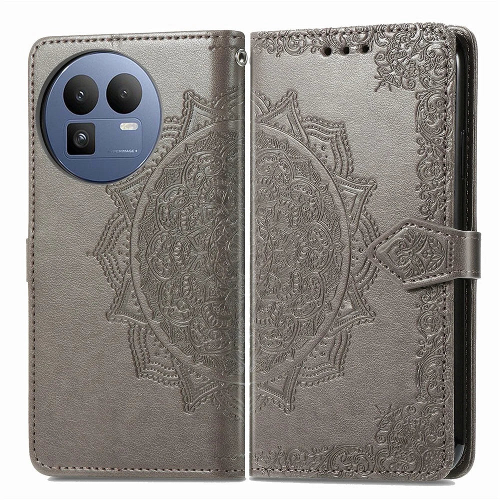 For Realme GT 8 5G Wallet Case Mandala Flower Leather Phone Cover Stand - Grey - 1