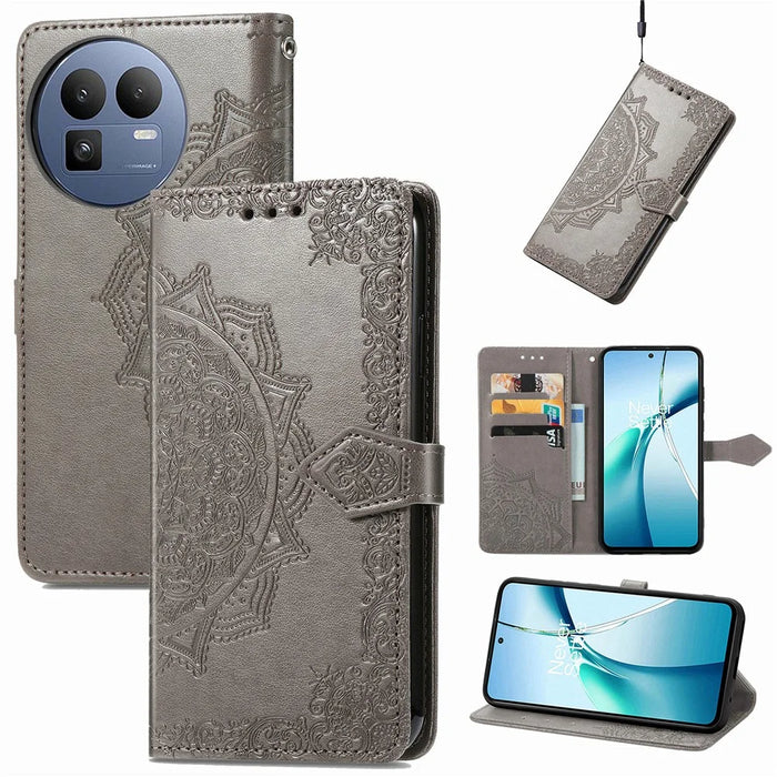 For Realme GT 8 5G Wallet Case Mandala Flower Leather Phone Cover Stand - Grey - 4
