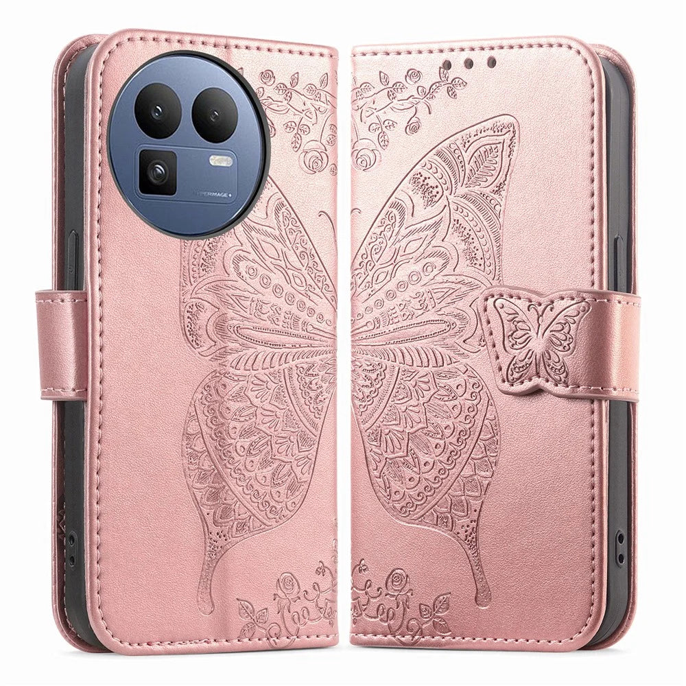 For Realme GT 8 5G Case with Strap Butterfly Pattern PU Leather Wallet Phone Cover - Rose Gold - 1