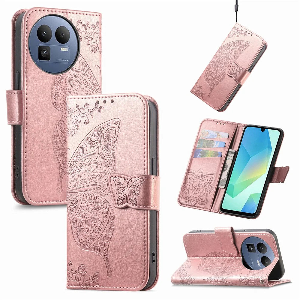 For Realme GT 8 5G Case with Strap Butterfly Pattern PU Leather Wallet Phone Cover - Rose Gold - 5