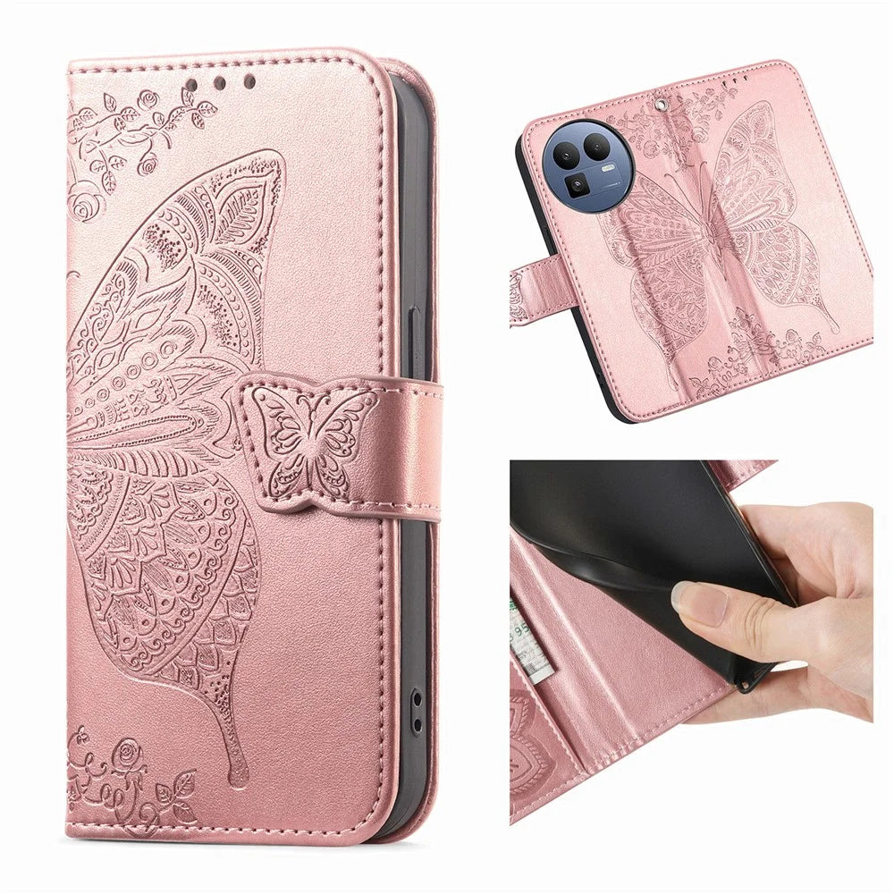 For Realme GT 8 5G Case with Strap Butterfly Pattern PU Leather Wallet Phone Cover - Rose Gold - 6