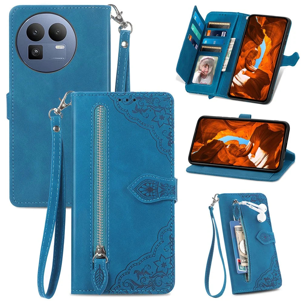 For Realme GT 8 5G Zipper Wallet Case with Strap Flower Imprint PU Leather Phone Cover - Blue - 1