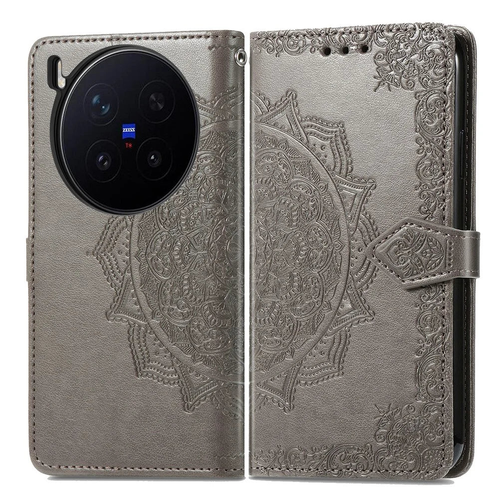 For vivo X300 Pro 5G Wallet Case Mandala Flower Leather Phone Cover Stand - Grey - 1