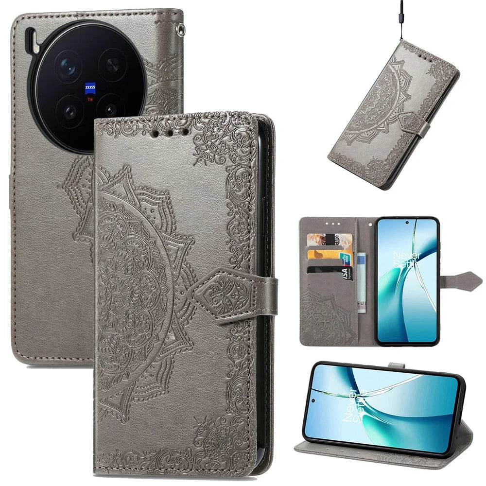 For vivo X300 Pro 5G Wallet Case Mandala Flower Leather Phone Cover Stand - Grey - 4