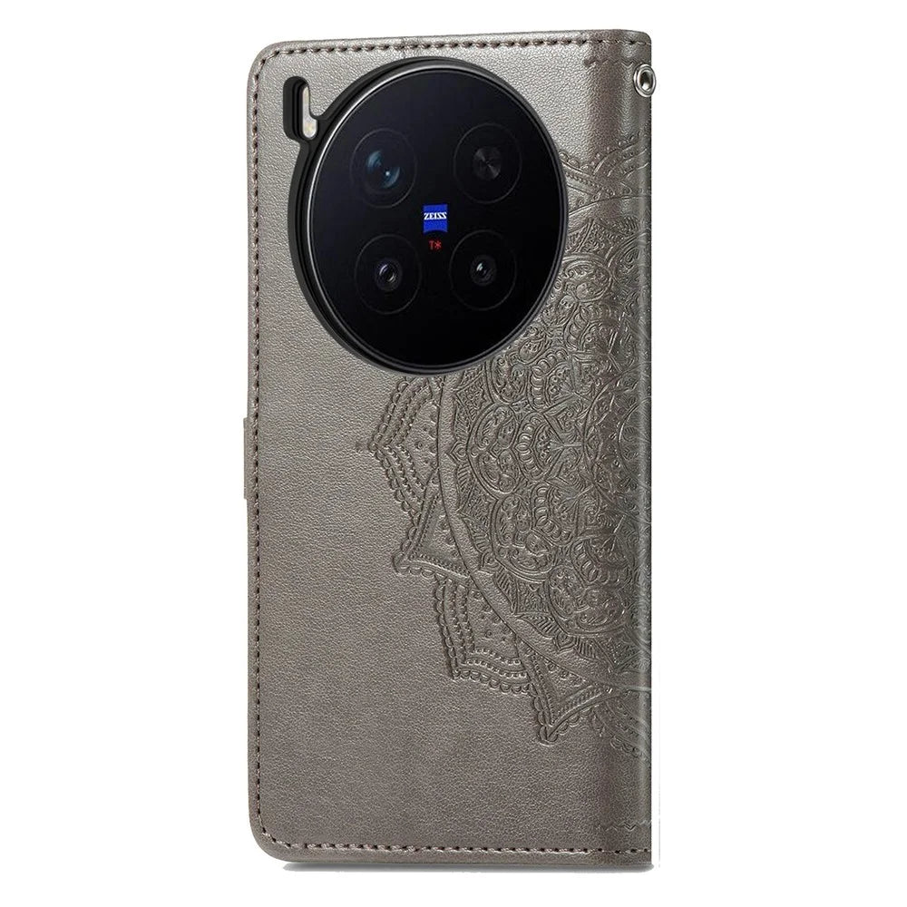For vivo X300 Pro 5G Wallet Case Mandala Flower Leather Phone Cover Stand - Grey - 6