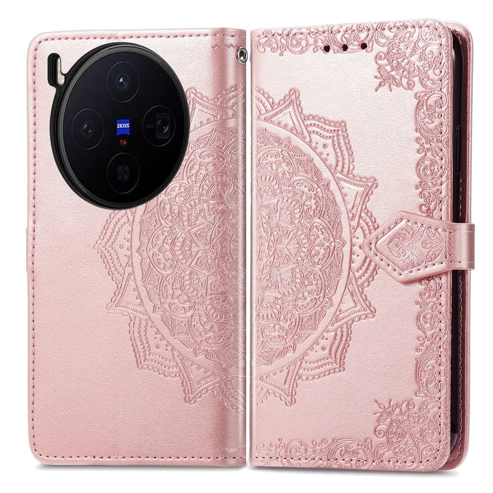 For vivo X300 5G Wallet Case Mandala Flower Leather Phone Cover Stand - Rose Gold - 1