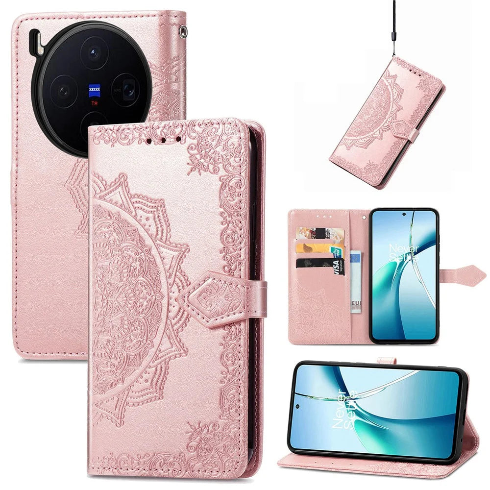 For vivo X300 5G Wallet Case Mandala Flower Leather Phone Cover Stand - Rose Gold - 4