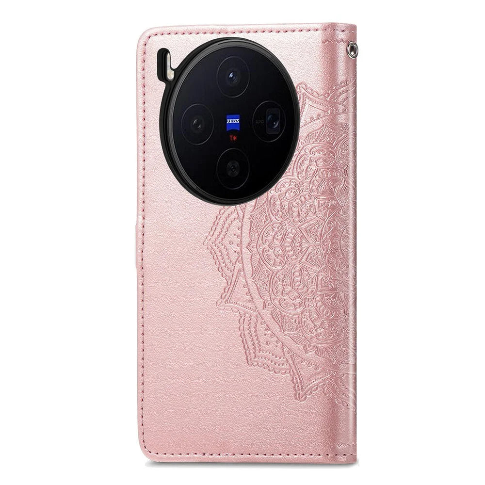 For vivo X300 5G Wallet Case Mandala Flower Leather Phone Cover Stand - Rose Gold - 6
