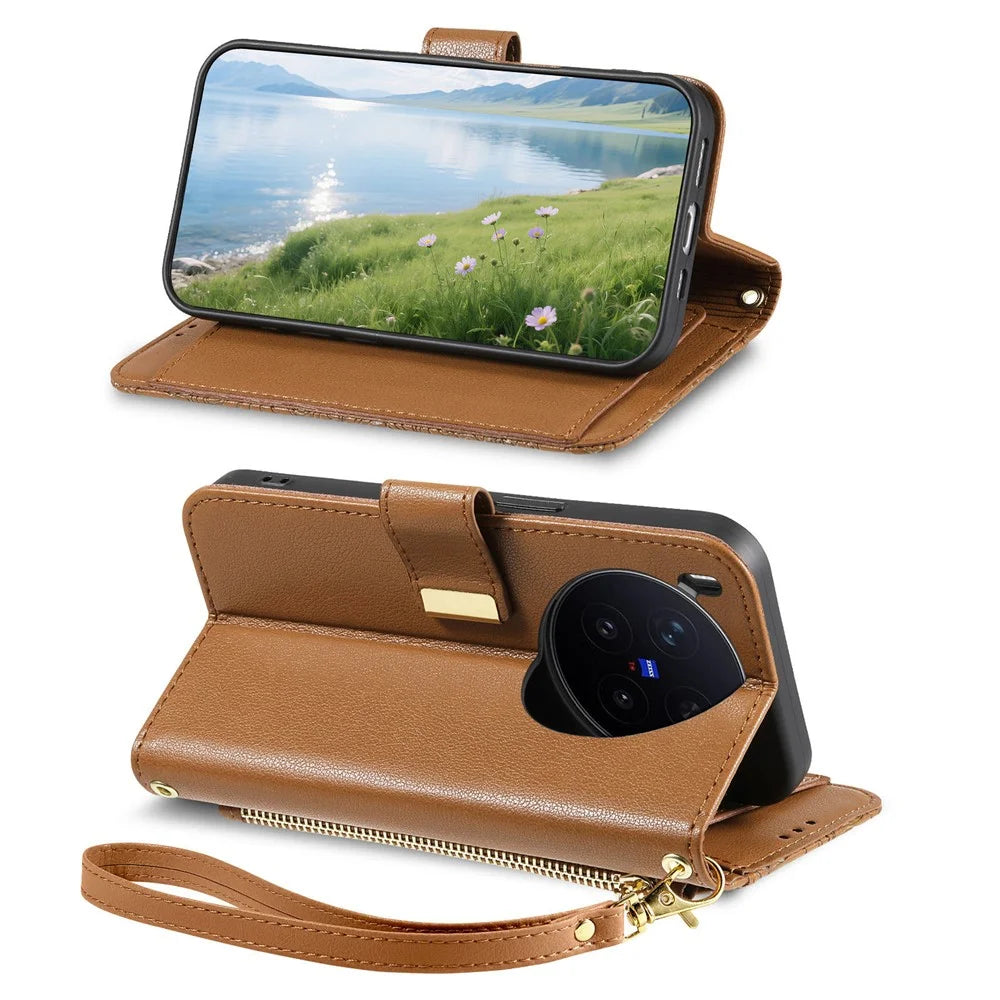 For vivo X300 Pro 5G Case Floral Leaf Pattern Multi Card Slots Zipper Leather Phone Cover with Wrist Strap - Brown - 3