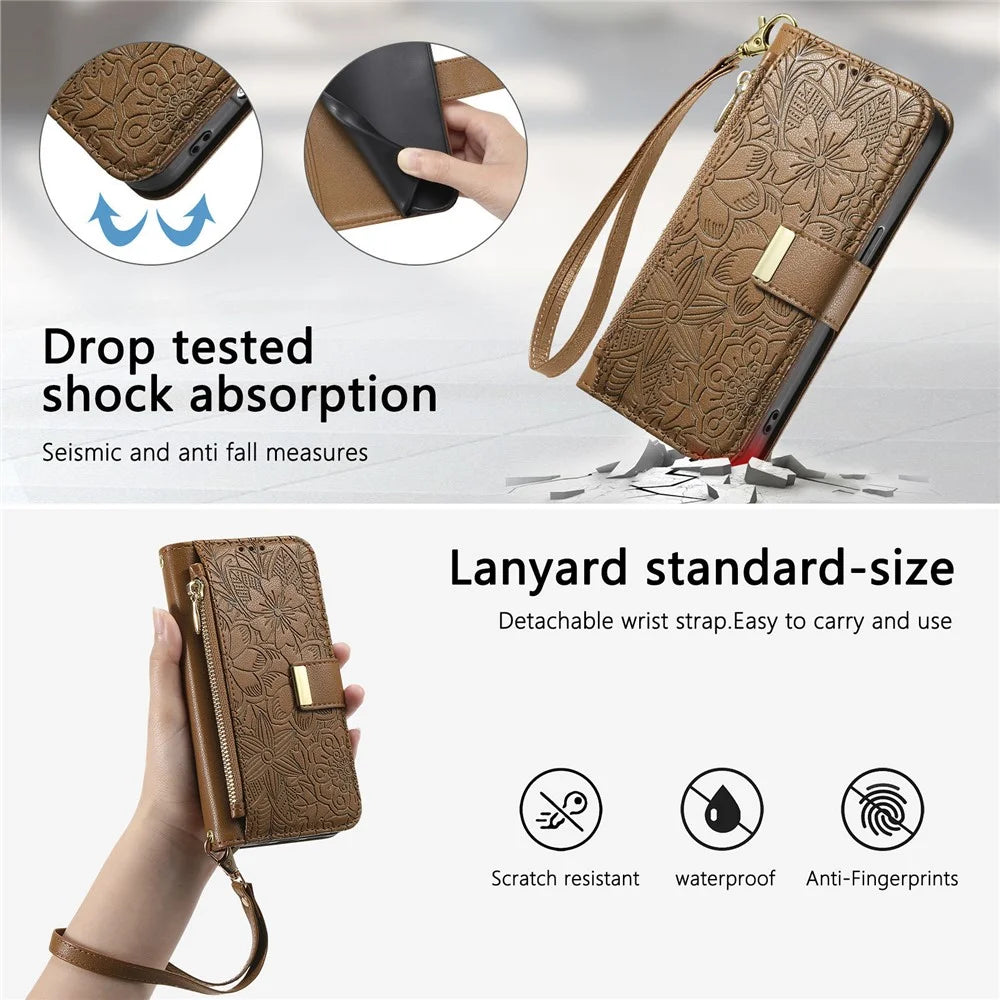 For vivo X300 Pro 5G Case Floral Leaf Pattern Multi Card Slots Zipper Leather Phone Cover with Wrist Strap - Brown - 7